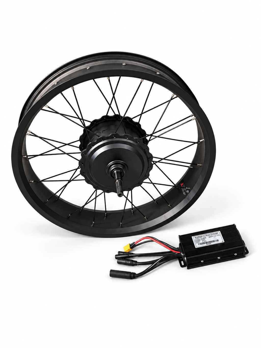 1500W rear hub motor laced into a black 20-inch fat-tire wheel rim, shown with controller and wiring.