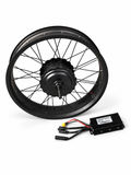 1500W rear hub motor laced into a black 20-inch fat-tire wheel rim, shown with controller and wiring.