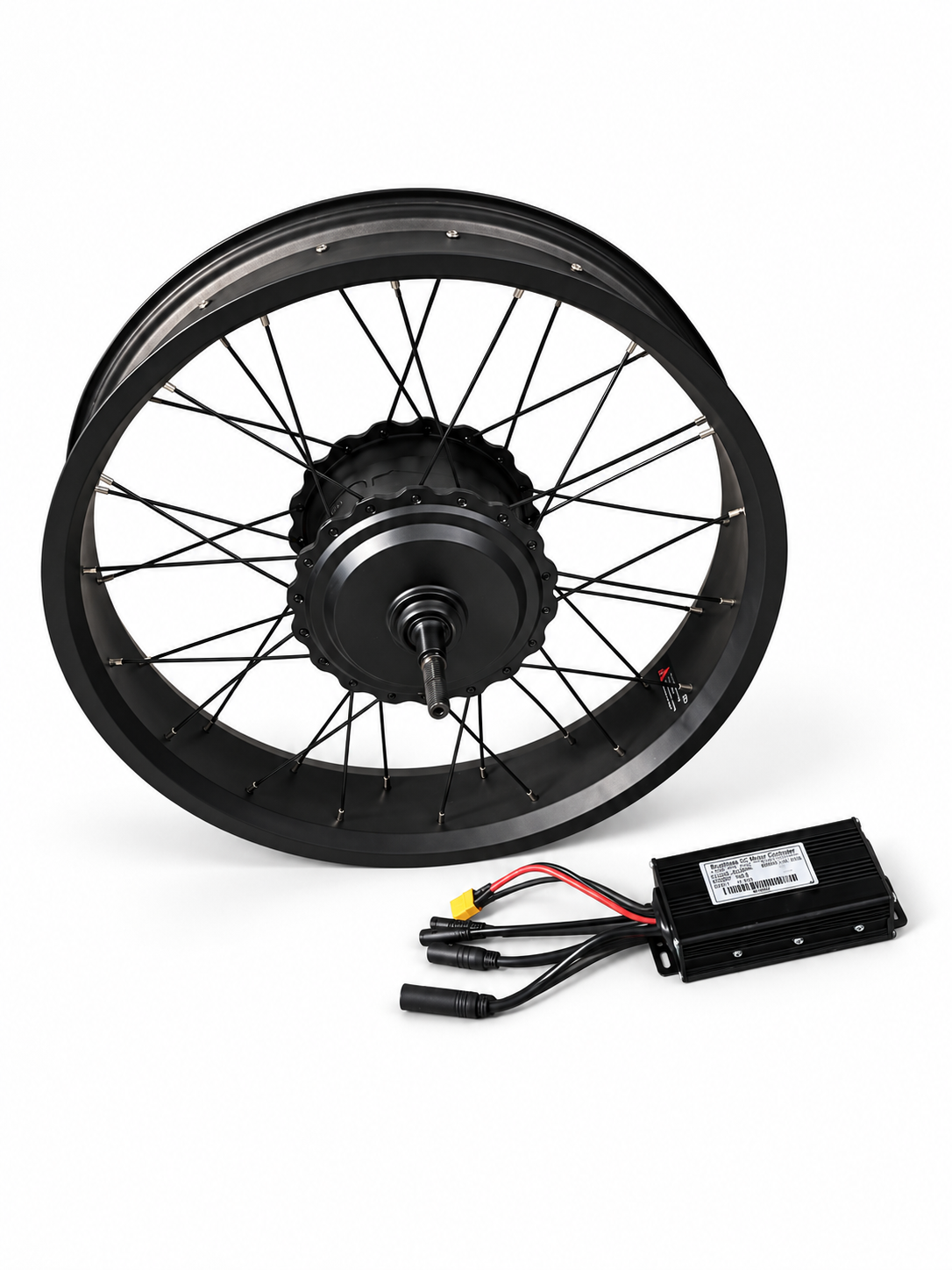1500W rear hub motor laced into a black 20-inch fat-tire wheel rim, shown with controller and wiring.