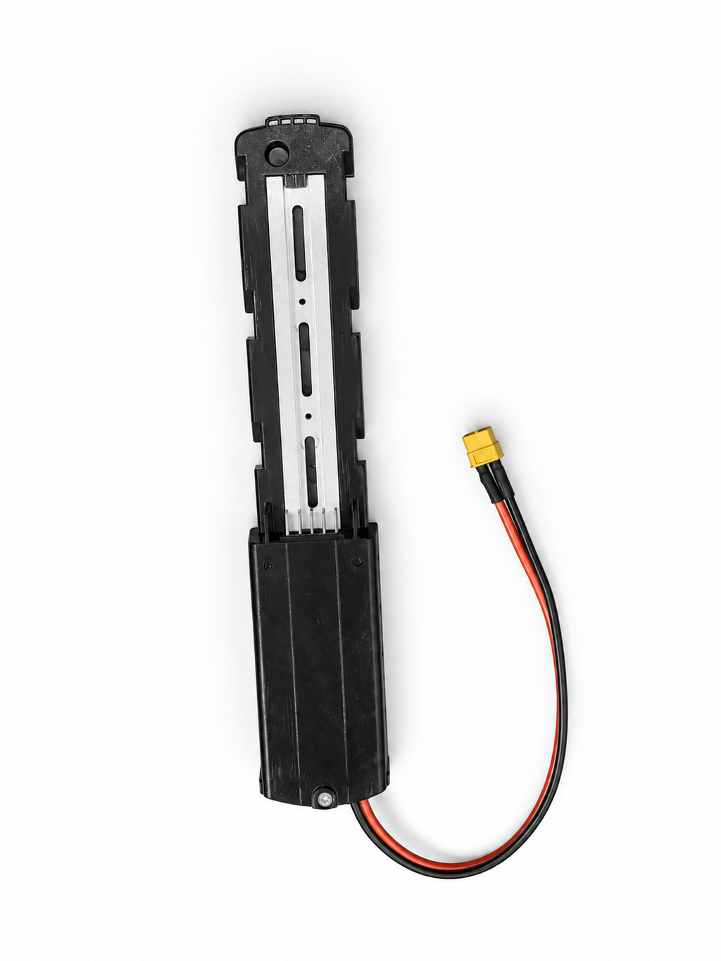 Battery mounting tray for the stock Macfox X1 battery, with red and black leads and a yellow XT60 connector.