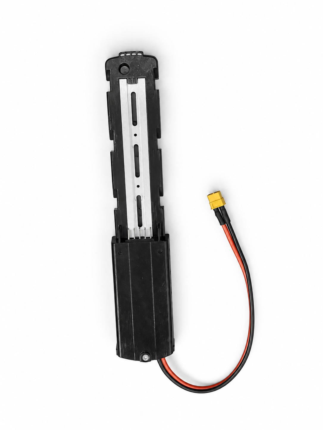 Battery mounting tray for the stock Macfox X1 battery, with red and black leads and a yellow XT60 connector.